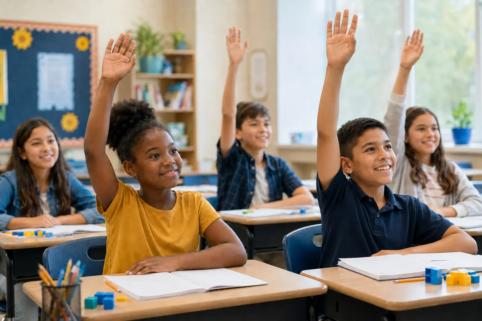 Students smiling confidently and raising their hands during a classroom lesson