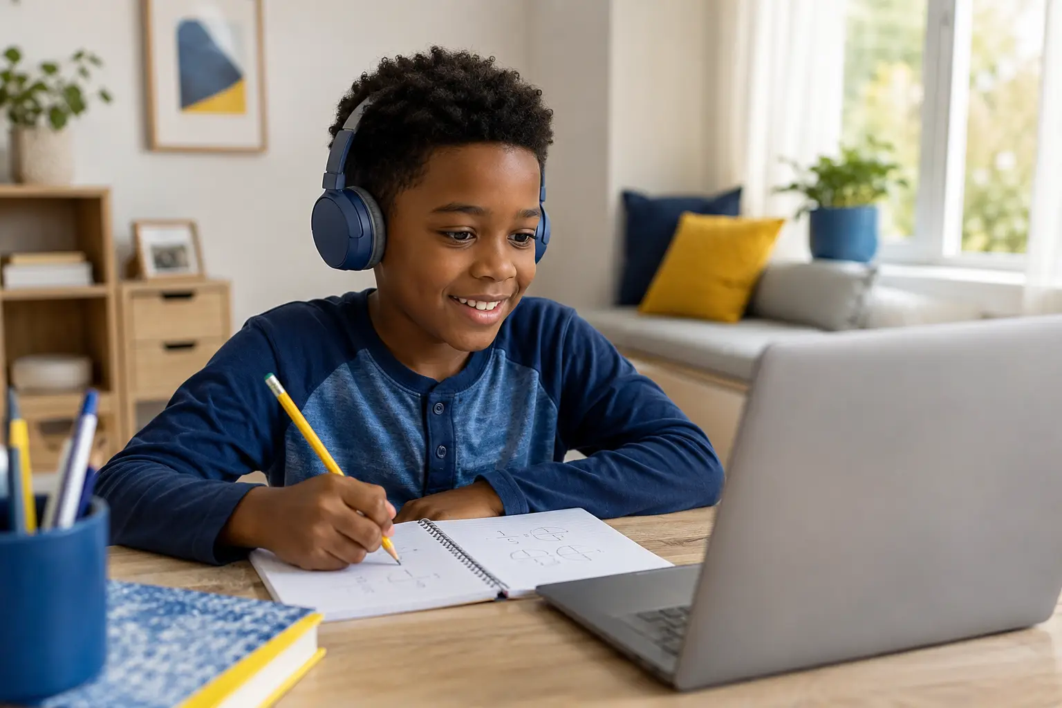 Student wearing headphones and working confidently during an online math lesson