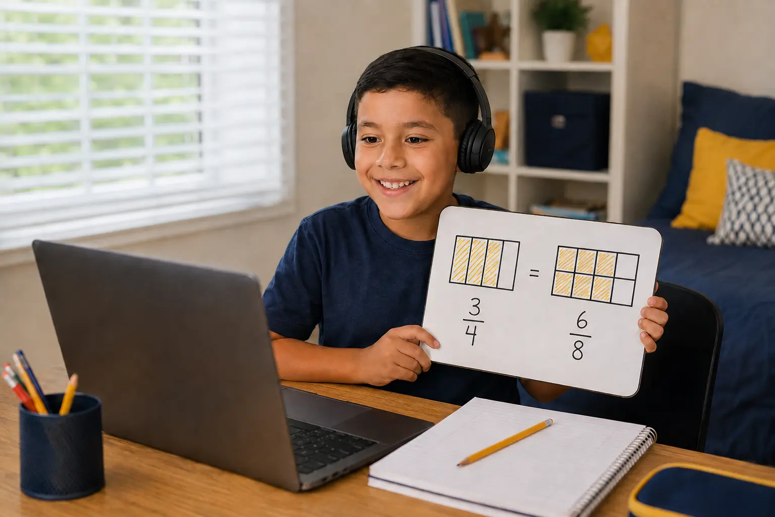 Student explaining equivalent fractions during an online math lesson